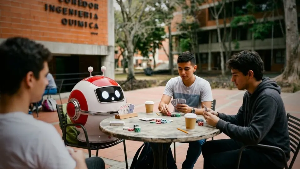 Tres estudiantes juegan cartas en una mesa del campus, frente al corredor de Ingeniería Química, junto al robot blanco y rojo de SERO.